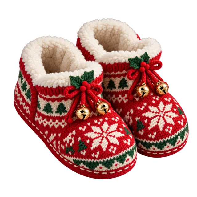 Red knitted slippers with cream lining and small bells