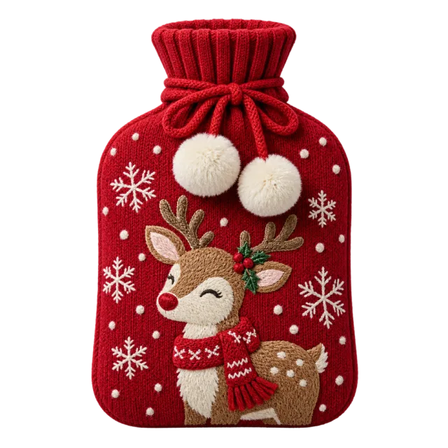 Red hot water bottle cover with a reindeer motif and pompoms