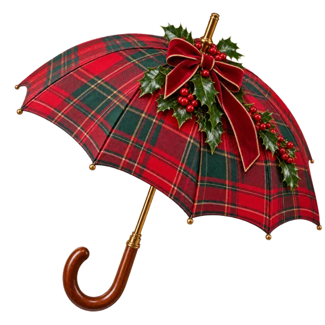 Red tartan umbrella decorated with holly and ribbon