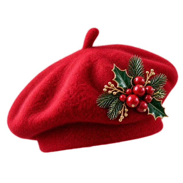 Red beret with a berry and greenery brooch