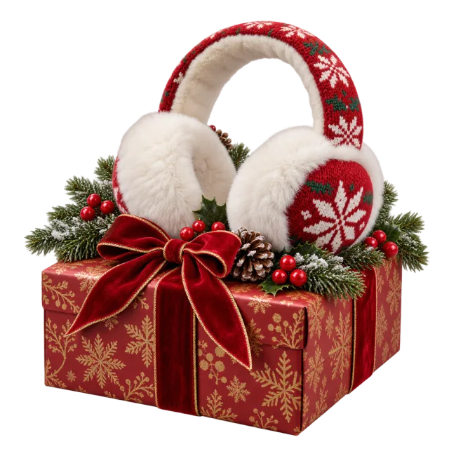 White fluffy earmuffs resting on a red gift box