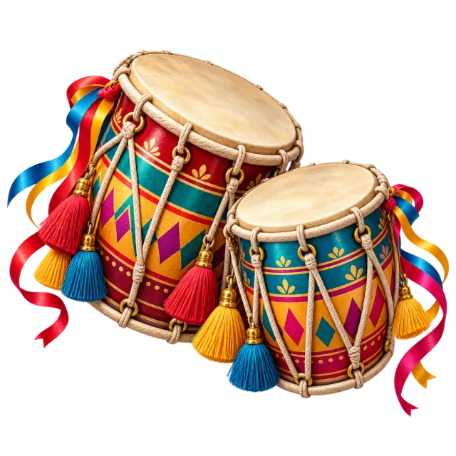 Two decorated hand drums with bright geometric patterns and ribbon tassels