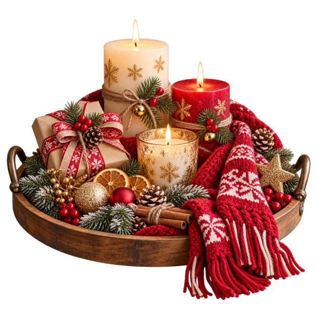 Tray of glowing candles with festive ornaments and a red scarf
