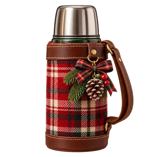 Tartan flask with a metal cap and pinecone decoration