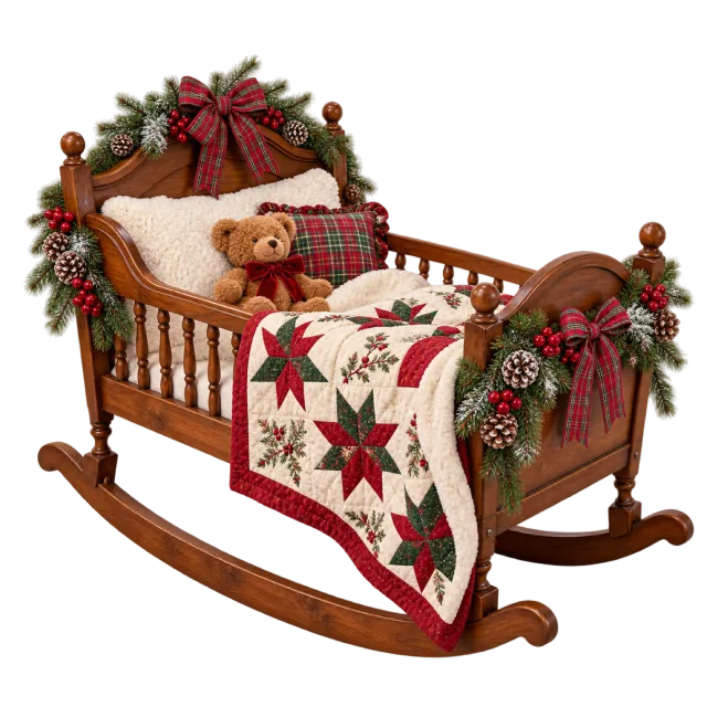 Wooden rocking cradle with a patchwork star quilt
