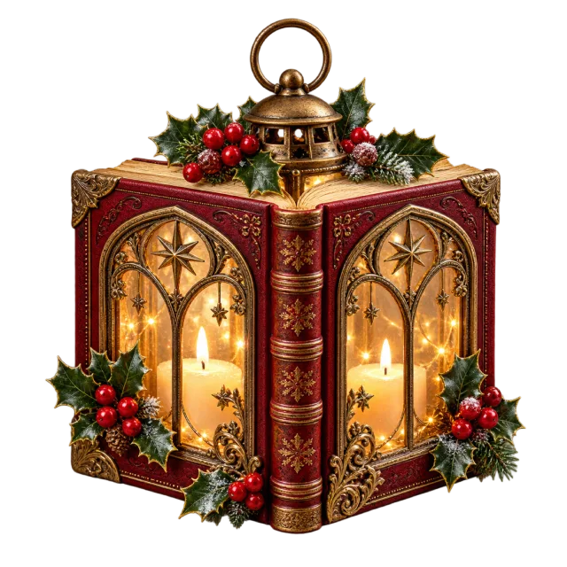 Open-book-shaped lantern with glowing arched panels and holly