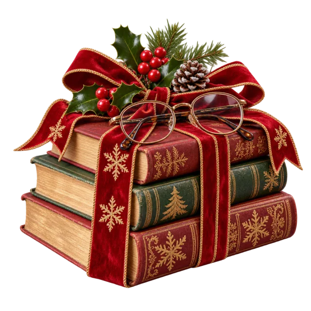 Reading glasses on a stack of ribbon-tied decorative books