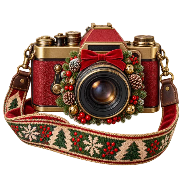 Vintage red camera with an embroidered festive strap