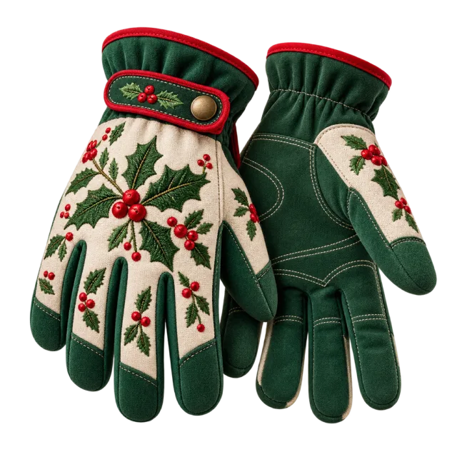 Cream and green gardening gloves with holly decoration