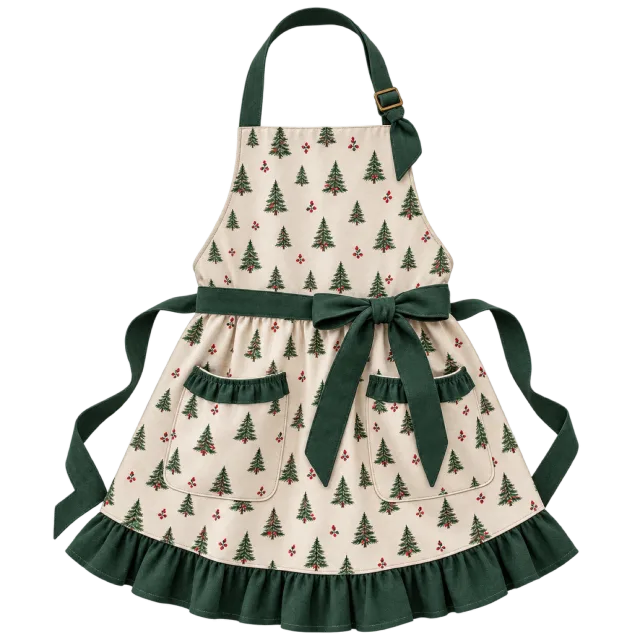 Cream apron with small fir tree prints and green ties