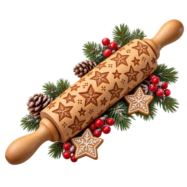 Wooden rolling pin embossed with star patterns beside festive greenery