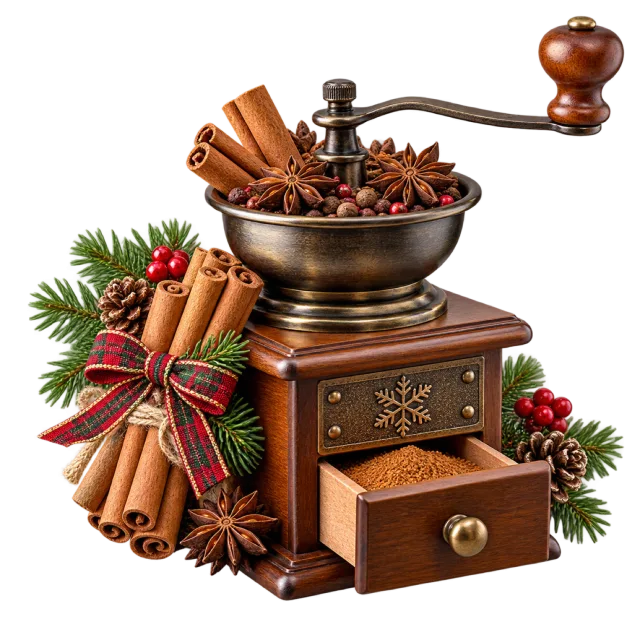 Wooden spice grinder with cinnamon bundles and evergreen sprigs