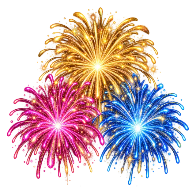 Three stylized firework bursts in gold, pink and blue