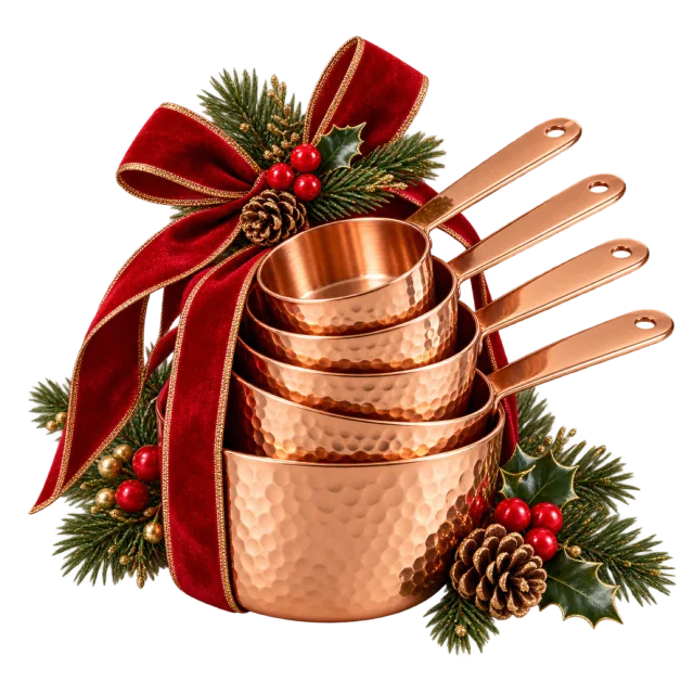 Nested copper-colored measuring cups with a red bow