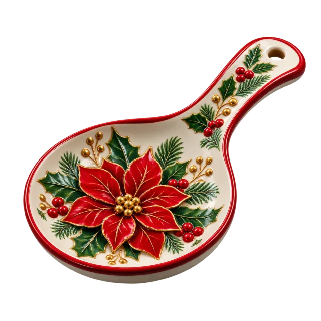 Cream spoon rest with a red poinsettia motif and red edging