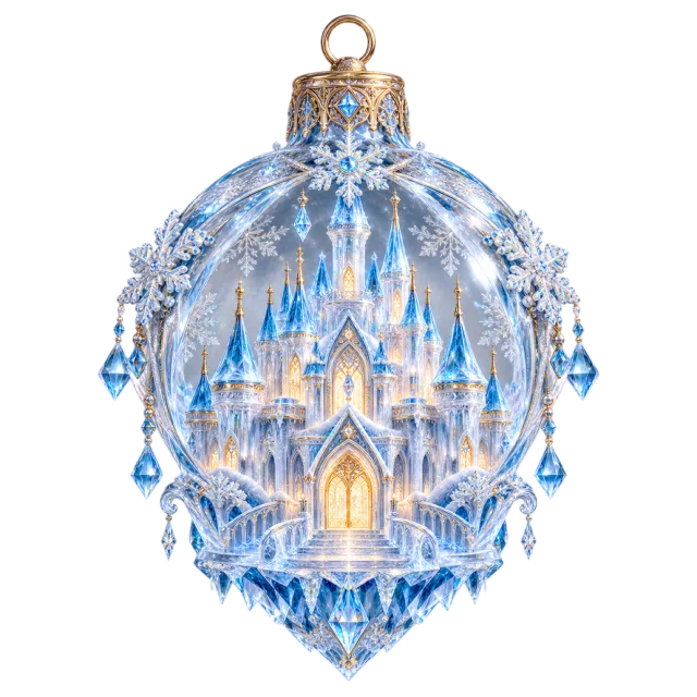 Blue crystal-style hanging ornament enclosing a glowing ice palace
