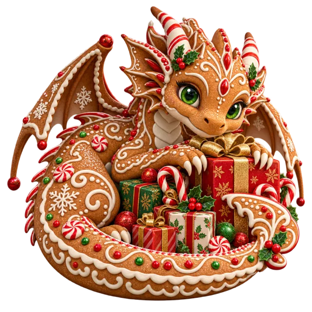 Gingerbread dragon curled around colorful wrapped presents