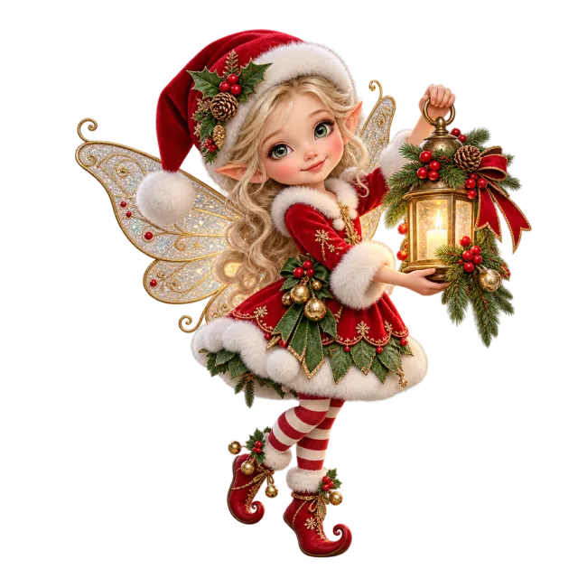 Small winged fairy in festive clothing carrying a glowing lantern
