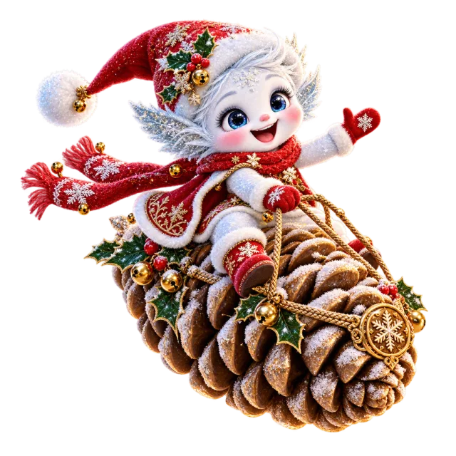 Smiling snow sprite riding a decorated pinecone