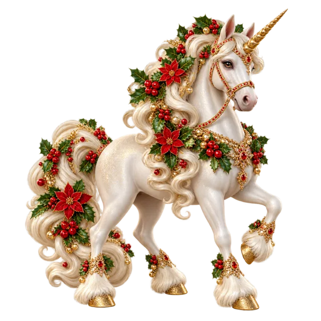 White unicorn with holly, red flowers and golden details