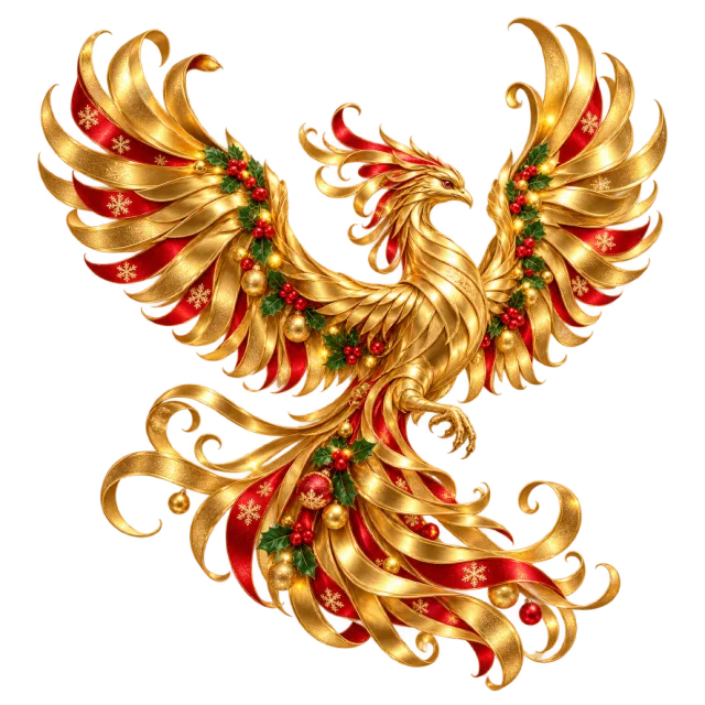Golden ribbon-like phoenix with spread wings and red accents