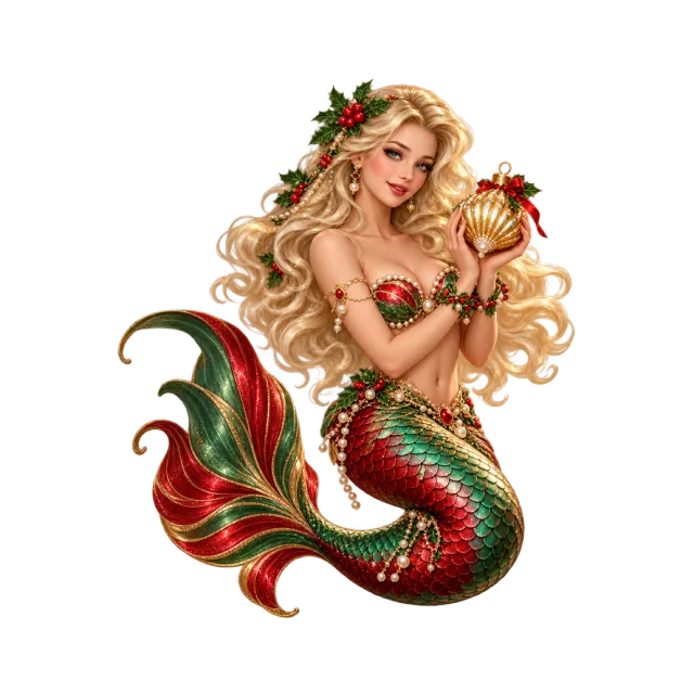 Mermaid with a red and green tail holding a golden shell ornament