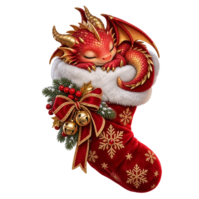 Small red dragon sleeping inside a decorated stocking