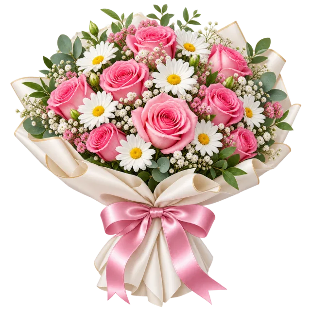 Pink roses and white daisies wrapped in cream paper with a pink bow