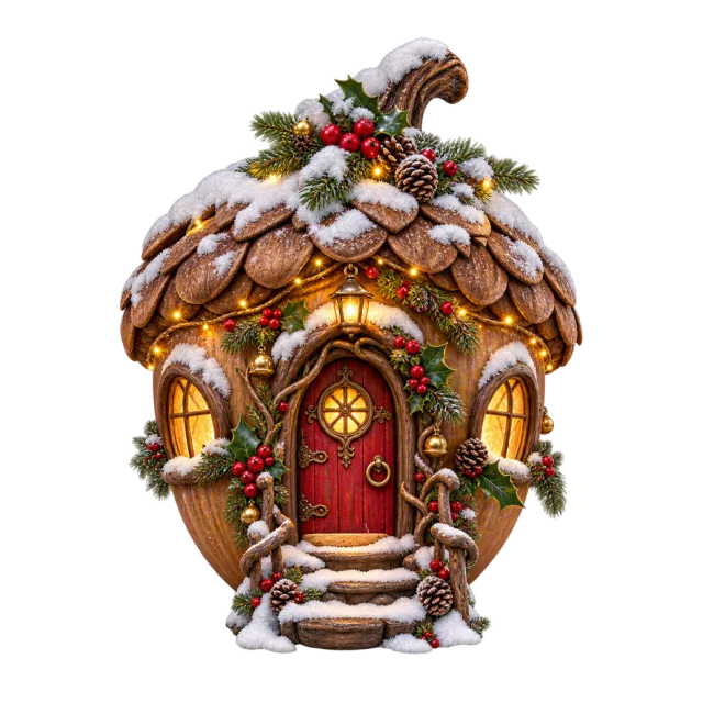 Snow-covered acorn cottage with a red door and glowing windows