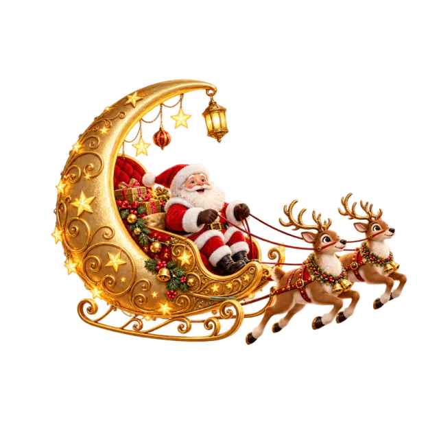 Santa in a golden crescent sleigh pulled by small reindeer