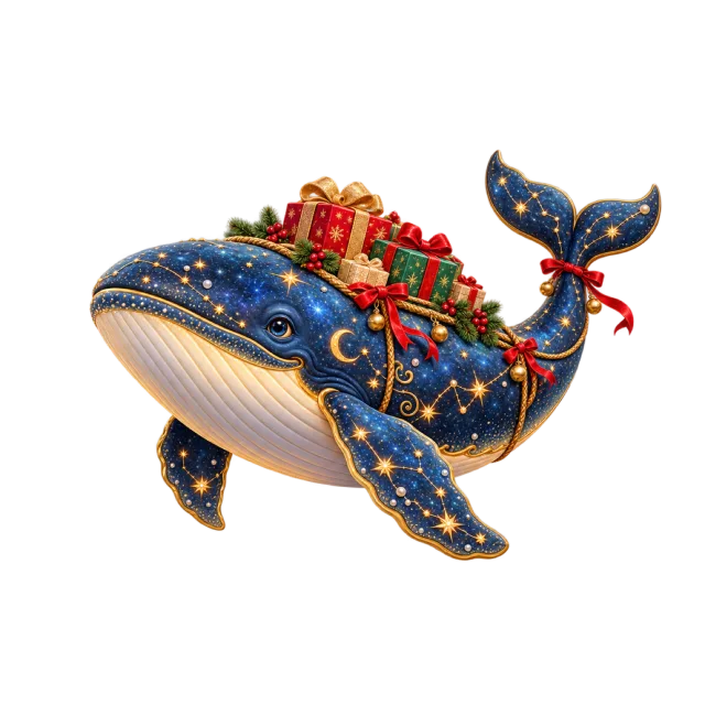 Blue star-patterned whale carrying wrapped gifts