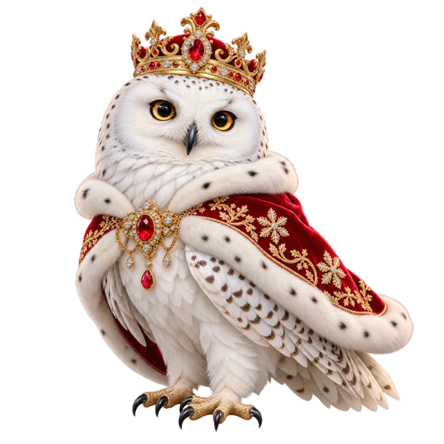 White owl in a jeweled crown and red royal cape