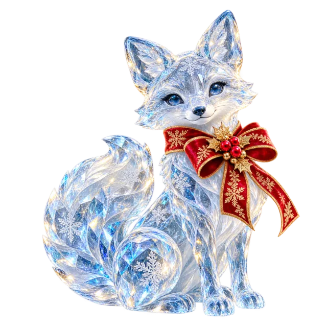 Clear blue ice-style fox sculpture with a red ribbon