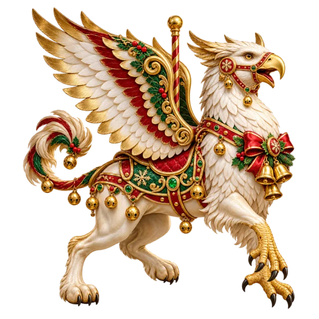 White and gold-colored winged griffin with festive bells