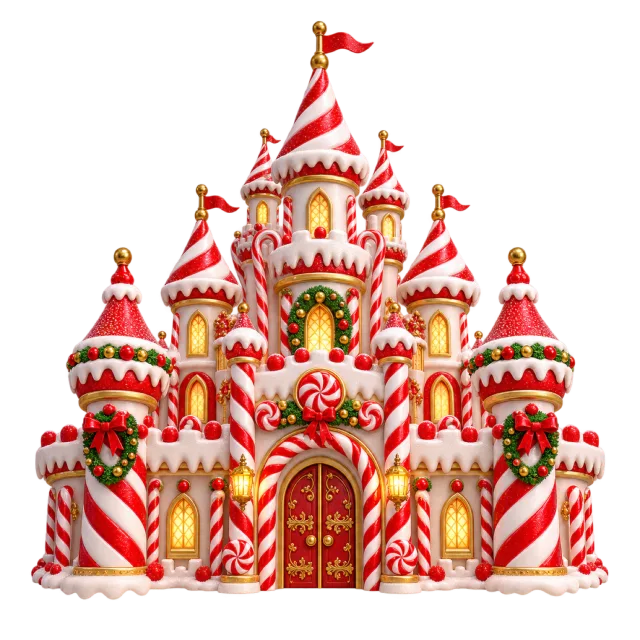 Red and white peppermint castle with glowing windows
