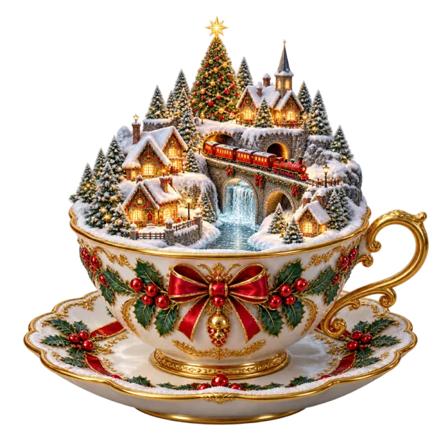 Snowy miniature village inside a decorated teacup
