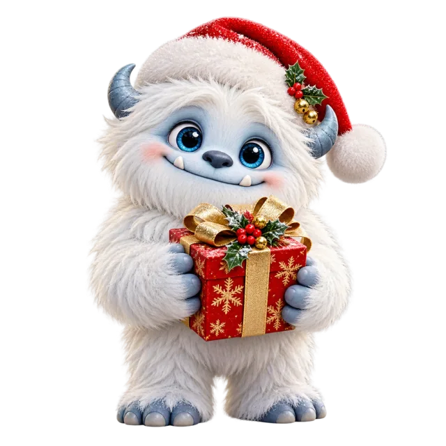 Small white yeti in a Santa hat holding a wrapped present