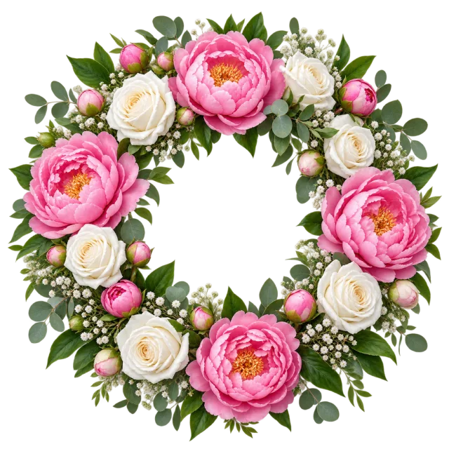 A circular wreath of pink peonies, white roses and green foliage
