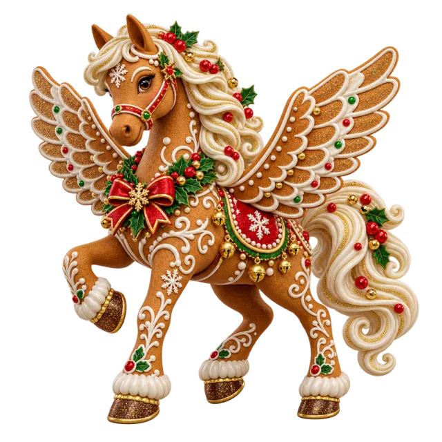 Winged gingerbread-style horse with icing patterns and festive ribbons