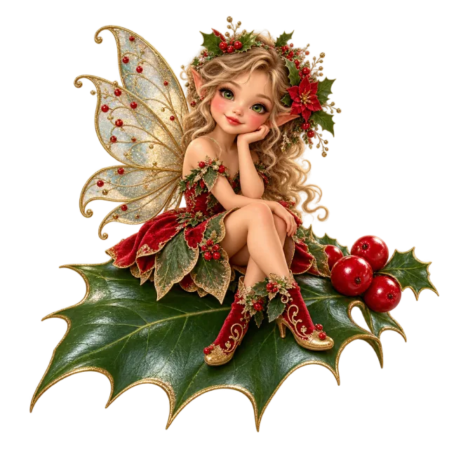 Small winged fairy seated on a holly leaf