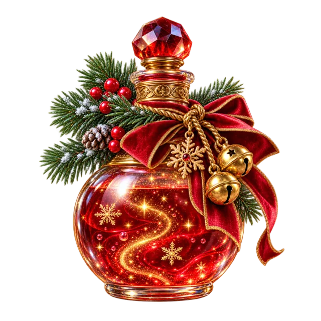 Red glowing fantasy potion bottle with a pine sprig and bow