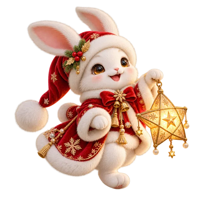 White rabbit in festive clothing carrying a star lantern