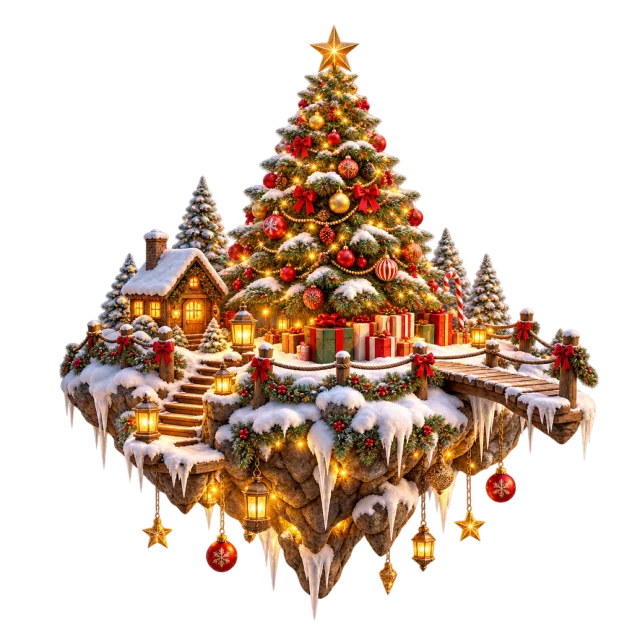 Floating snowy island with a decorated Christmas tree and tiny houses