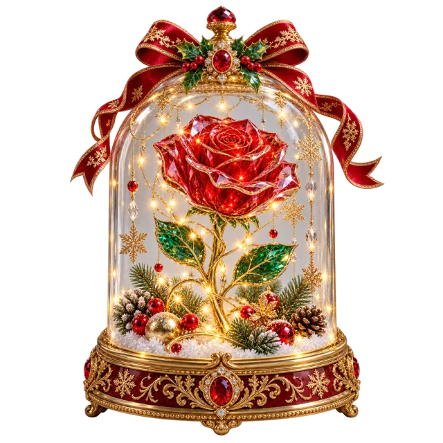 Red crystal-style rose under a clear dome with festive trim