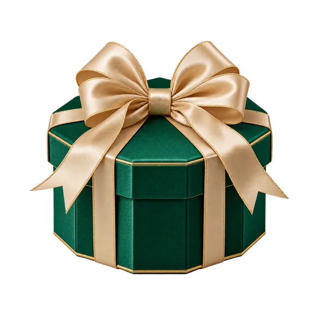 Emerald green octagonal box with a large champagne-colored bow