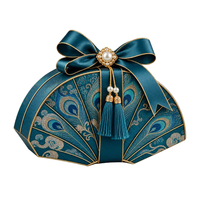 Peacock-patterned blue fan-shaped box with a jeweled clasp and tassels