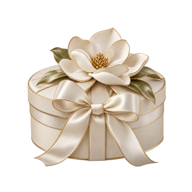 Ivory oval box topped with a sculpted magnolia and cream ribbon