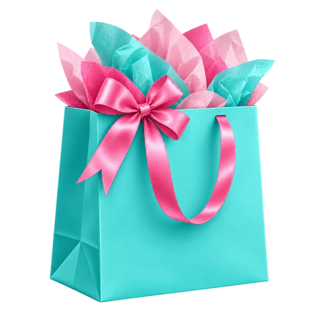 A turquoise gift bag with pink handles, a satin bow and colorful tissue paper