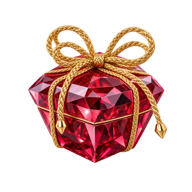 Ruby-colored faceted gift box tied with a golden cord
