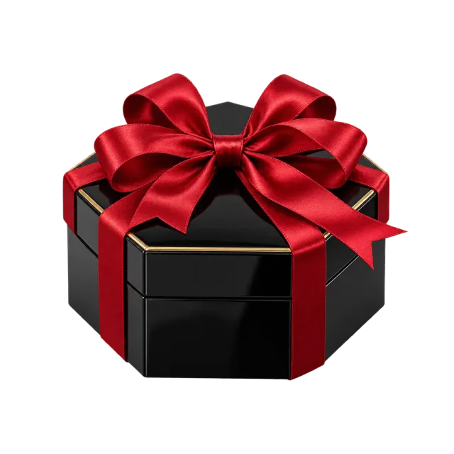 Glossy black hexagonal box with a crimson bow